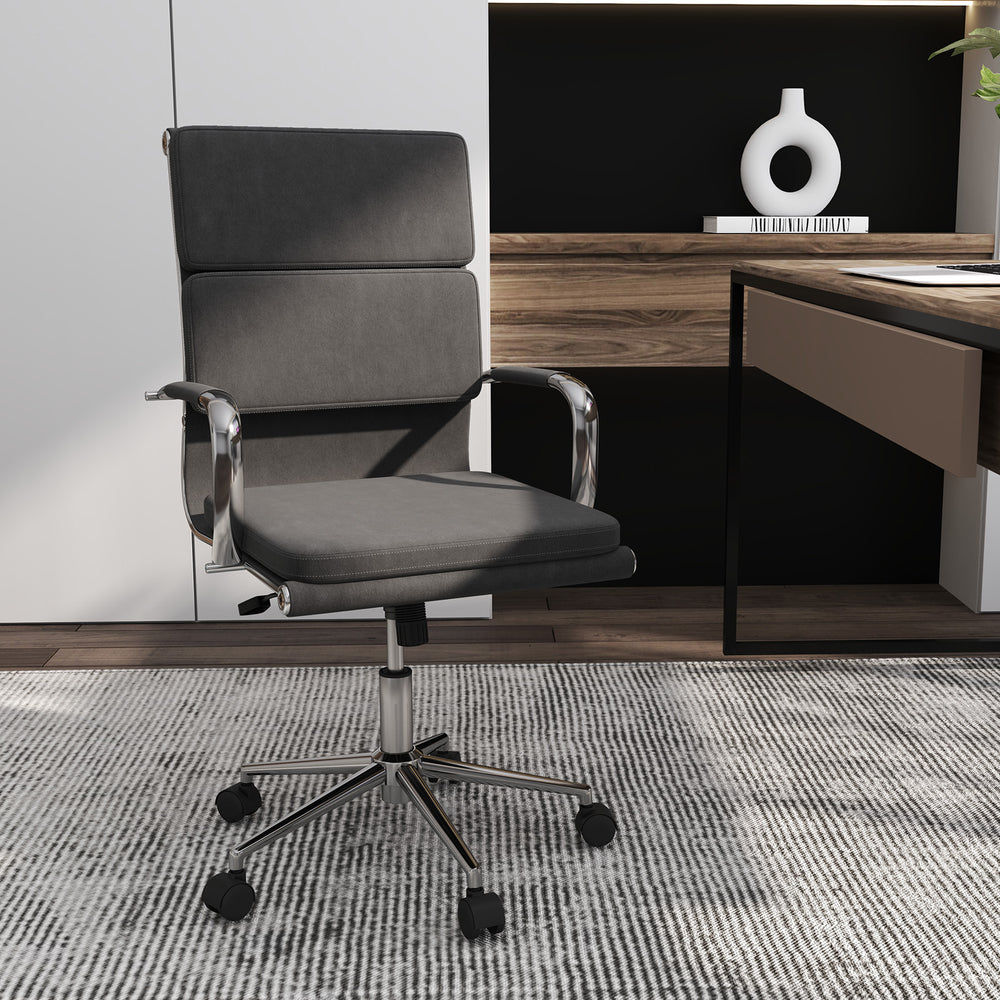 Gray ergonomic office desk chair with adjustable height and rocking backrest, perfect for home or office use.