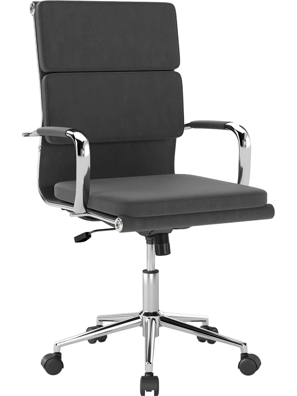 Gray ergonomic office desk chair with height-adjustable padded seat and rocking backrest, ideal for comfort and support.