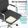 Close-up of the gray ergonomic office desk chair seat with padded leathaire and sponge for comfort and support.