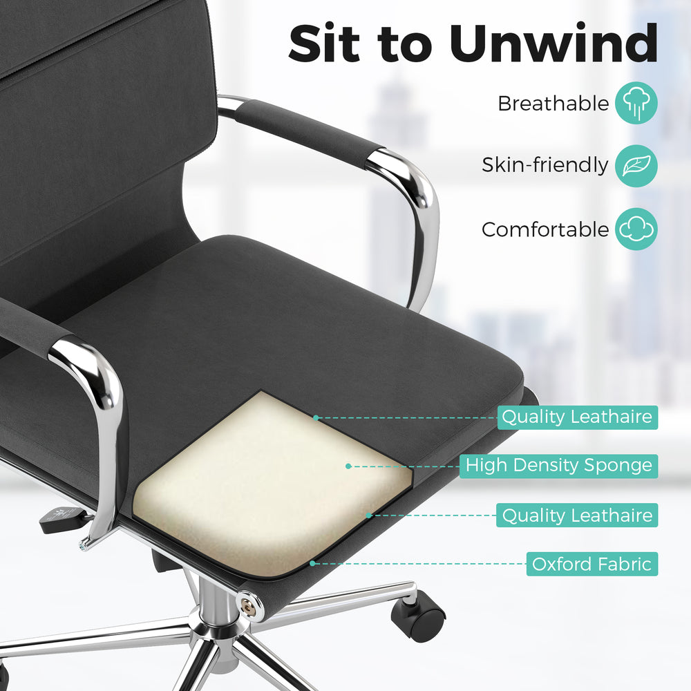 Close-up of the gray ergonomic office desk chair seat with padded leathaire and sponge for comfort and support.