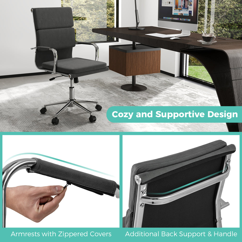 Ergonomic office desk chair in gray with height-adjustable seat, rocking backrest, and zippered armrest covers.