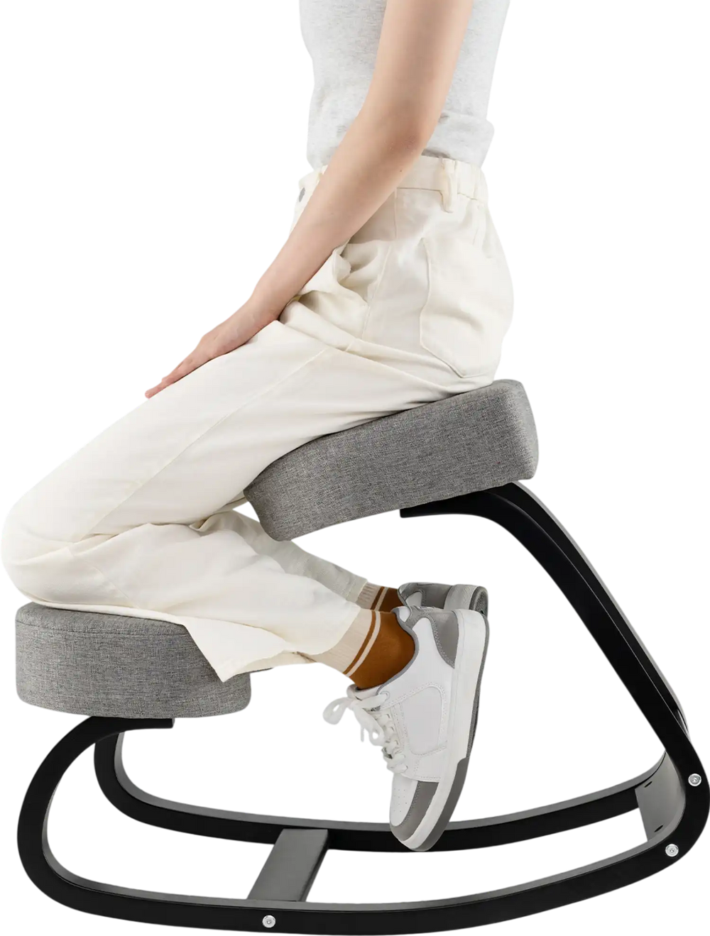 Backless ergonomic rocking kneeling chair with gray padded cushion, promoting active sitting for productivity and.