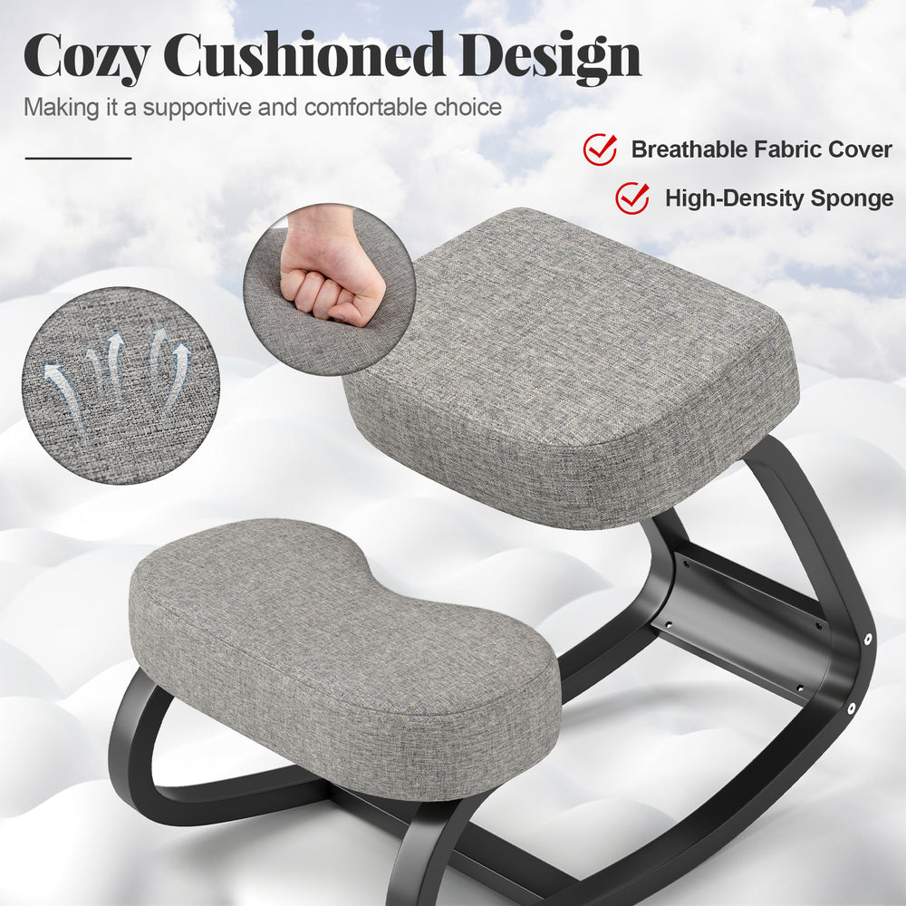 Ergonomic backless rocking kneeling chair with gray padded cushion and breathable fabric cover for comfortable sitting.