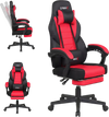 Ergonomic video game chair in red and black with reclining backrest, adjustable height, and retractable footrest.
