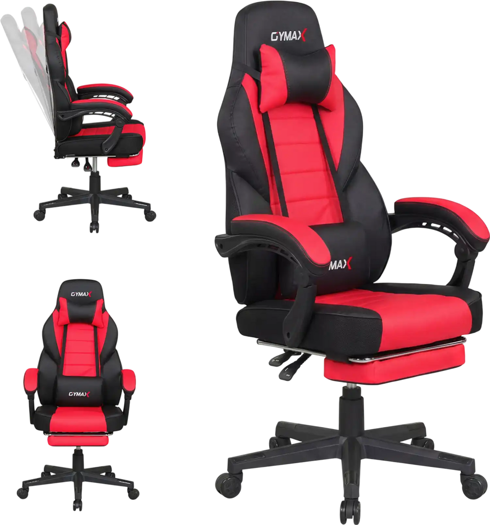 Ergonomic video game chair in red and black with reclining backrest, adjustable height, and retractable footrest.