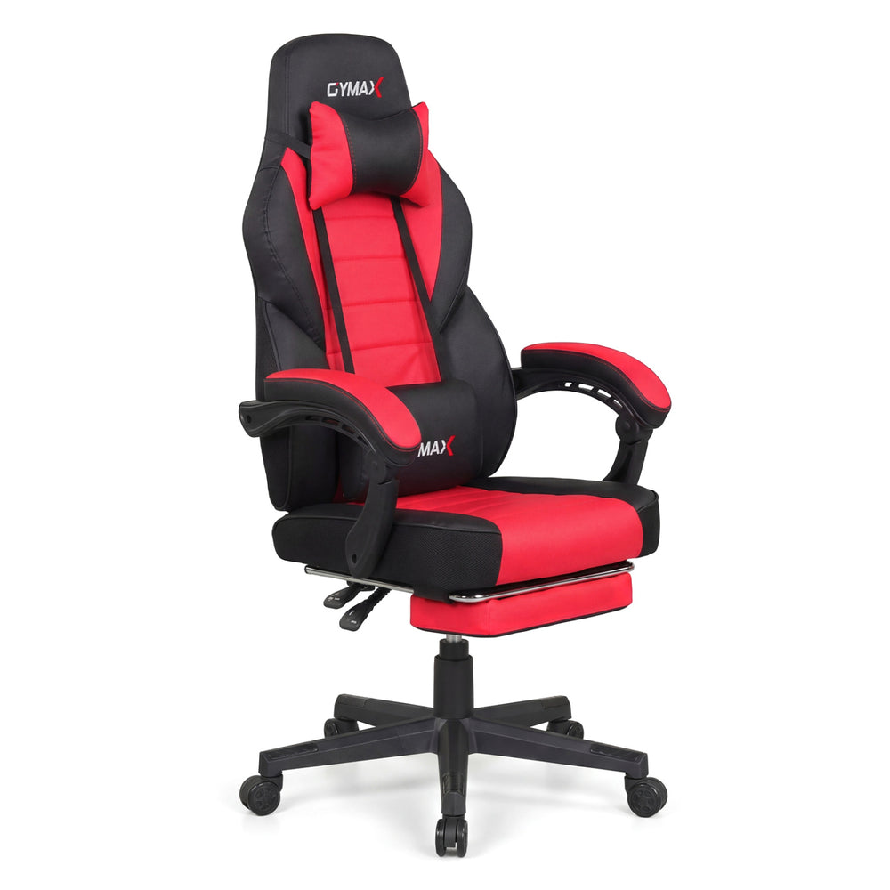 Ergonomic red and black video game chair with headrest, reclining backrest, and adjustable height for optimal comfort.