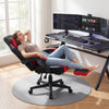 Ergonomic red video game chair with reclining backrest and retractable footrest, perfect for gaming or relaxing.
