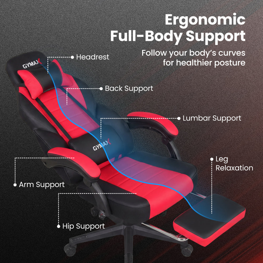 Ergonomic video game chair in red with headrest, lumbar support, and reclining backrest for optimal comfort and posture.