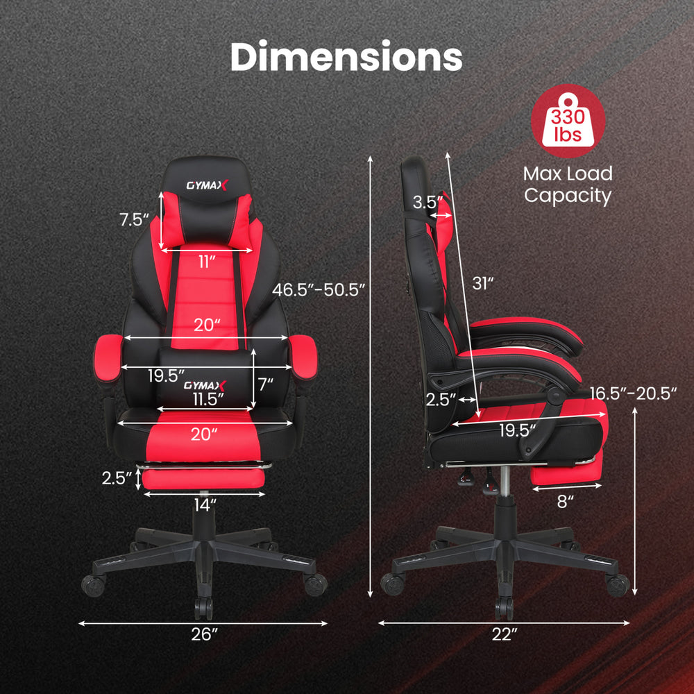 Ergonomic video game chair dimensions with red and black design, featuring a reclining backrest and adjustable height.