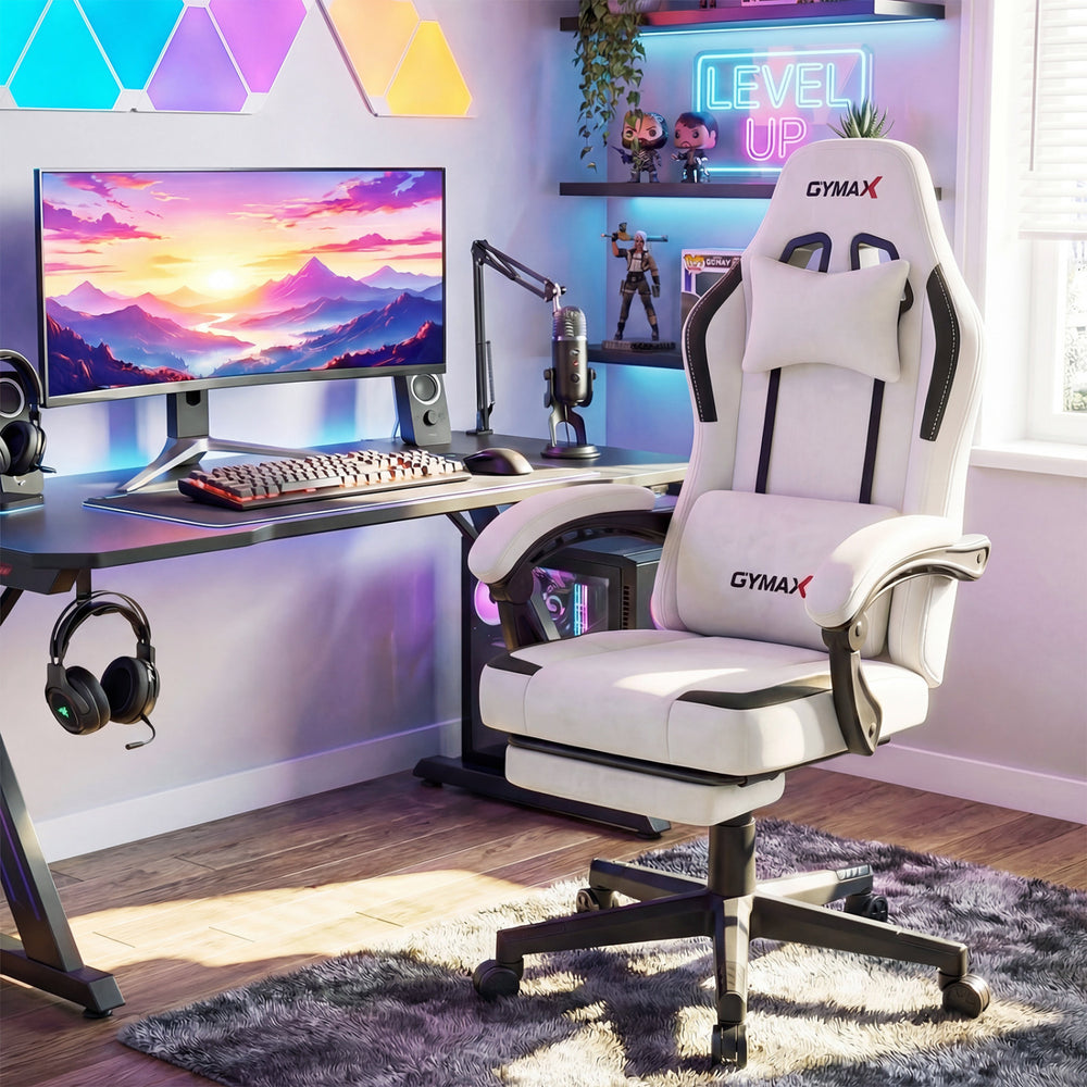 Gray ergonomic video game chair with a 360° swivel seat and adjustable padded armrests for enhanced comfort in home.