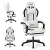 Gray ergonomic video game chair with headrest, 135° reclining backrest, and retractable footrest for home office.