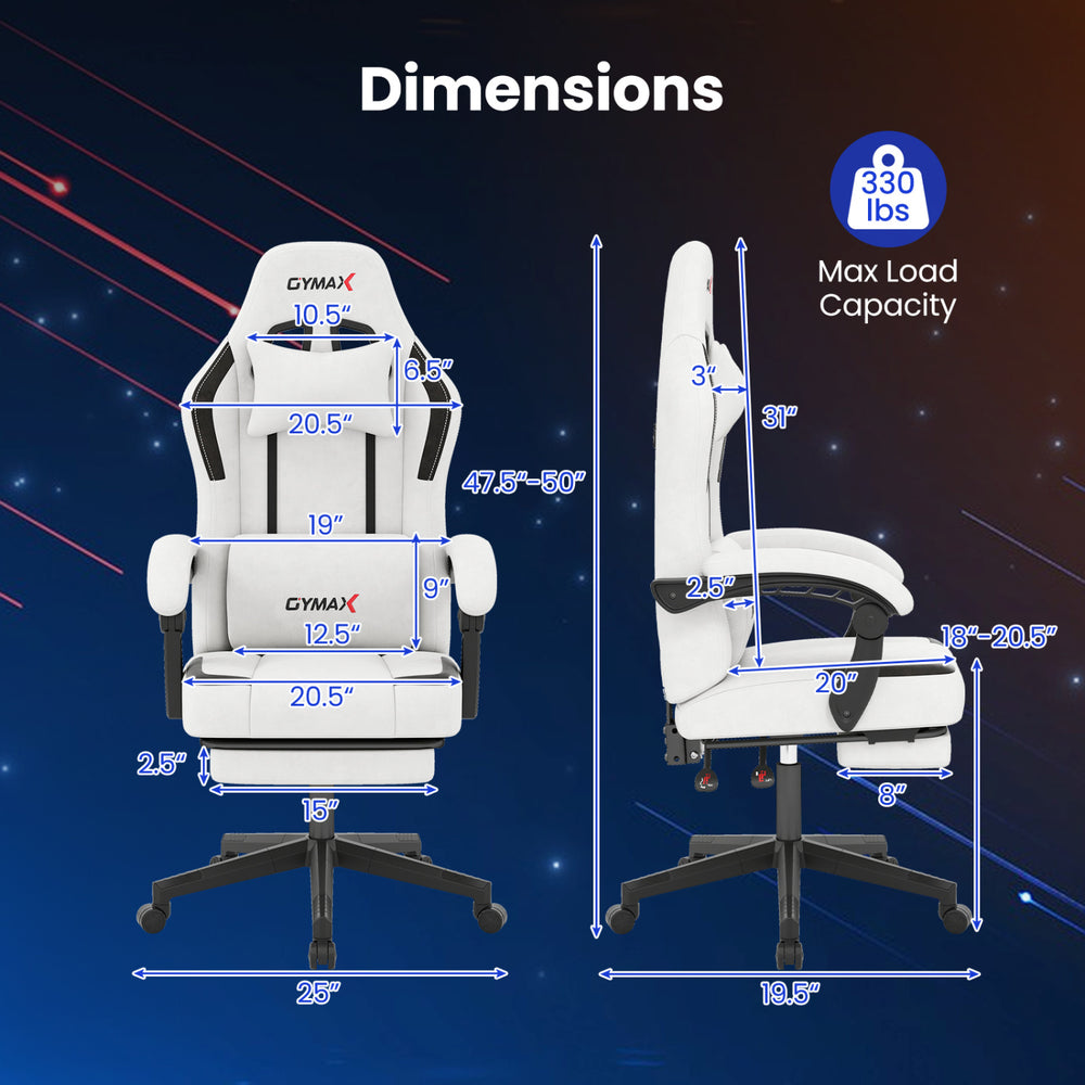 Dimensions of the gray ergonomic video game chair with headrest, featuring a 330 lbs capacity and adjustable height.