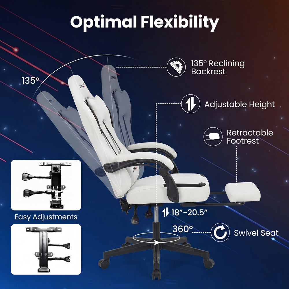 Ergonomic video game chair with a 135° reclining backrest, adjustable height, and retractable footrest for optimal.