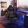 Ergonomic black video game chair with headrest and lumbar pillow, featuring a reclining function and stylish racing.