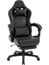 Ergonomic black video game chair with headrest, lumbar pillow, and reclining feature for ultimate comfort and support.