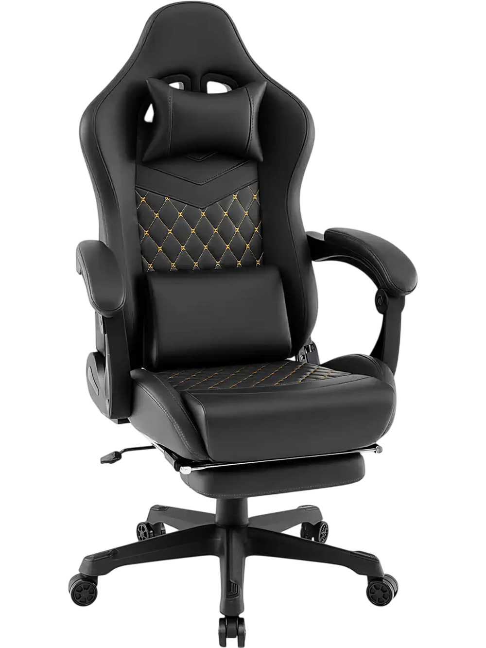 Ergonomic black video game chair with headrest, lumbar pillow, and reclining feature for ultimate comfort and support.
