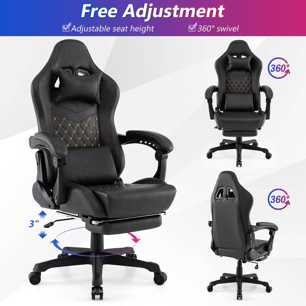 Ergonomic black video game chair with adjustable height, lumbar pillow, and 360° swivel for ultimate comfort.