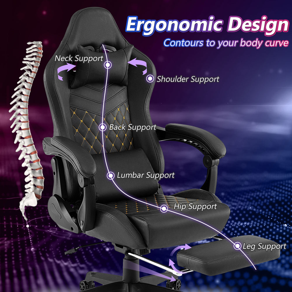 Ergonomic black video game chair with headrest, lumbar pillow, and adjustable features for ultimate comfort and support.