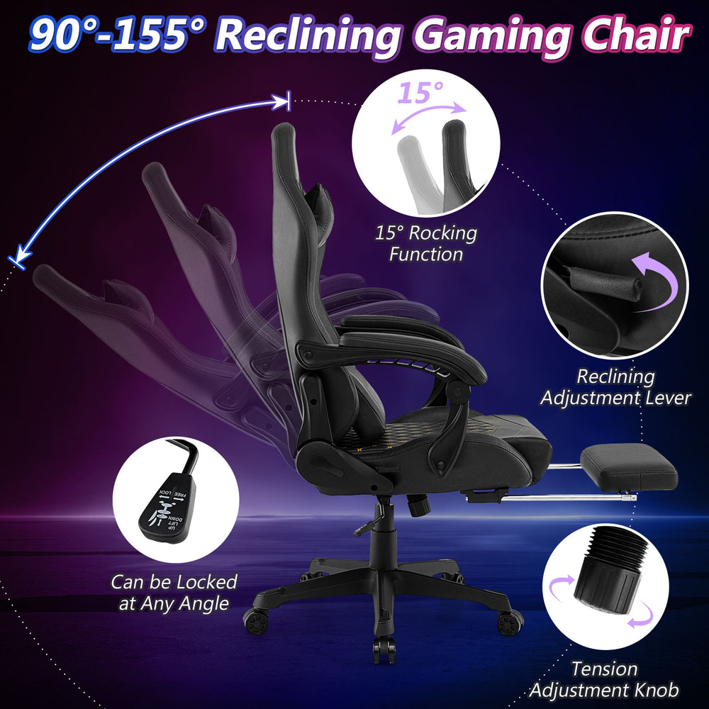 Ergonomic black gaming chair with reclining feature, footrest, and lumbar pillow, ideal for gaming or office use.