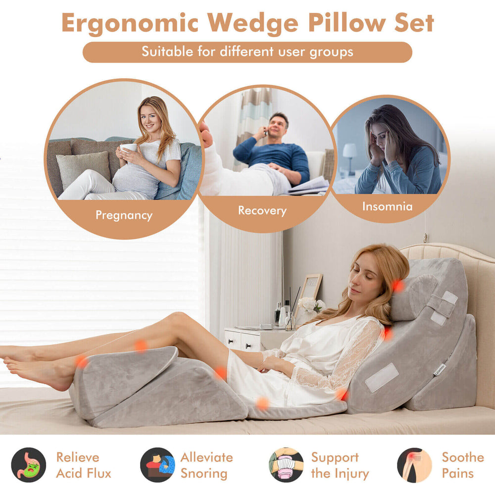 Ergonomic 6-piece orthopedic wedge pillow set in gray, featuring memory foam for support, ideal for GERD and insomnia.