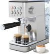 Compact stainless steel espresso machine with milk frother, 20-bar pump, and removable water tank for rich coffee.