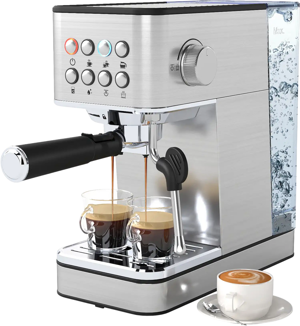 Compact stainless steel espresso machine with milk frother, 20-bar pump, and removable water tank for rich coffee.