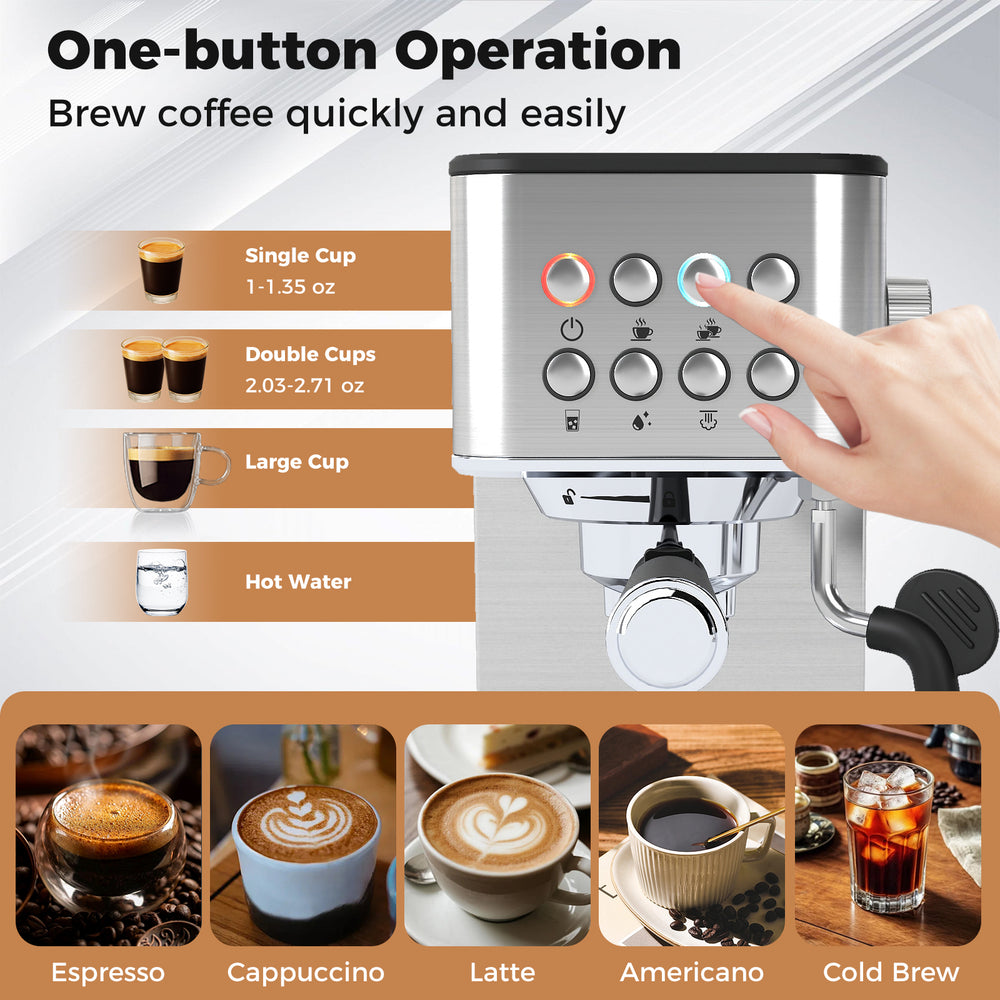Espresso machine with stainless steel finish, featuring one-button operation for brewing espresso, cappuccino, and.
