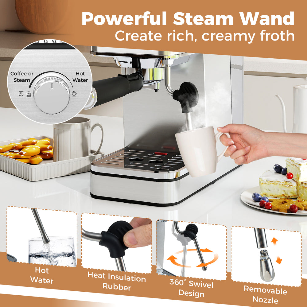 Powerful steam wand with 360° swivel design for creamy froth, featured on the stainless steel espresso machine.