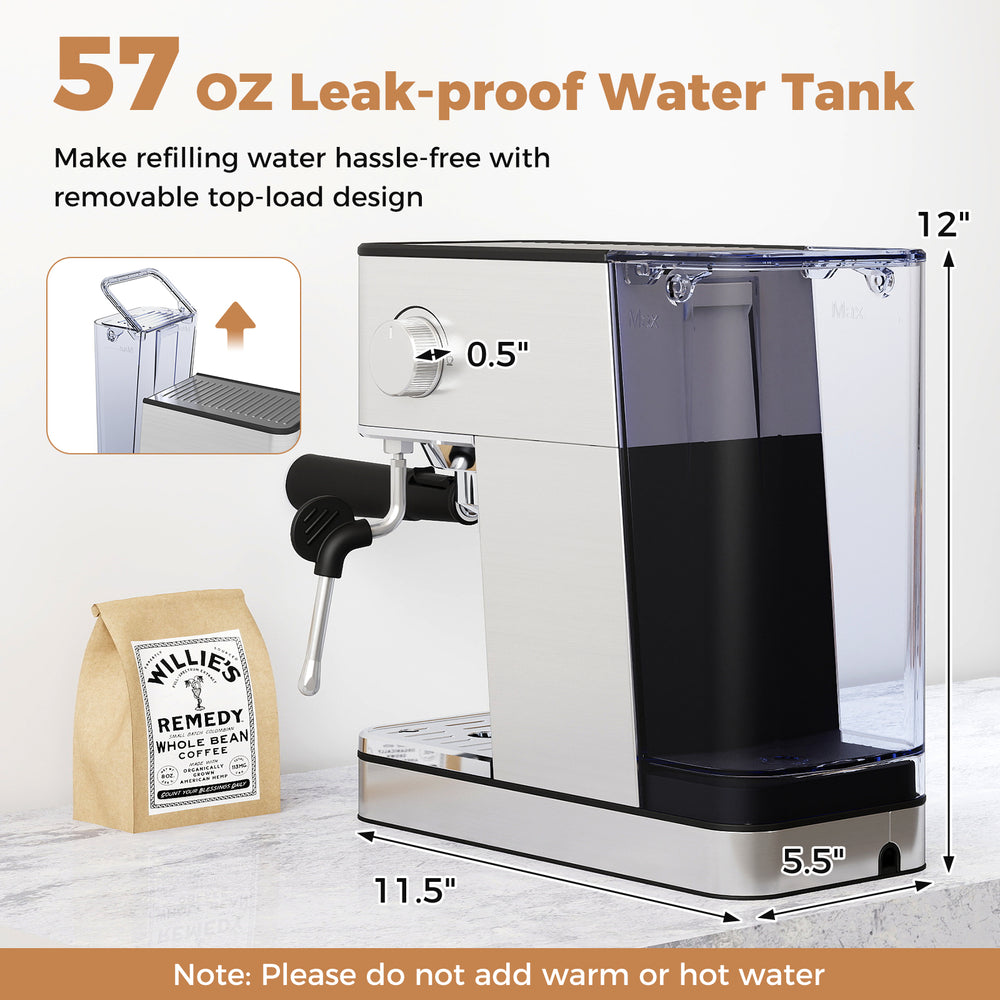 Espresso machine with 57oz leak-proof water tank, stainless steel design, and milk frother for versatile coffee brewing.