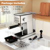 Espresso machine with stainless steel housing, 20-bar pump, milk frother, and removable drip tray for easy cleaning.