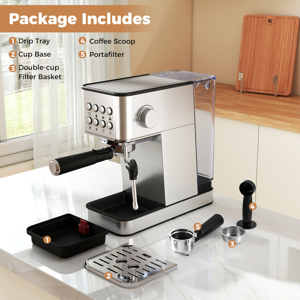 Espresso machine with stainless steel housing, 20-bar pump, milk frother, and removable drip tray for easy cleaning.