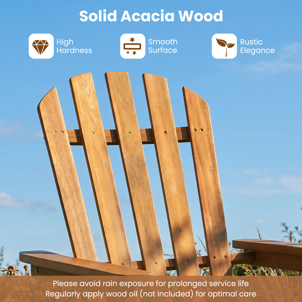 Folding oversized Adirondack chair made of durable acacia wood features a slat-style surface for air circulation and comfort.