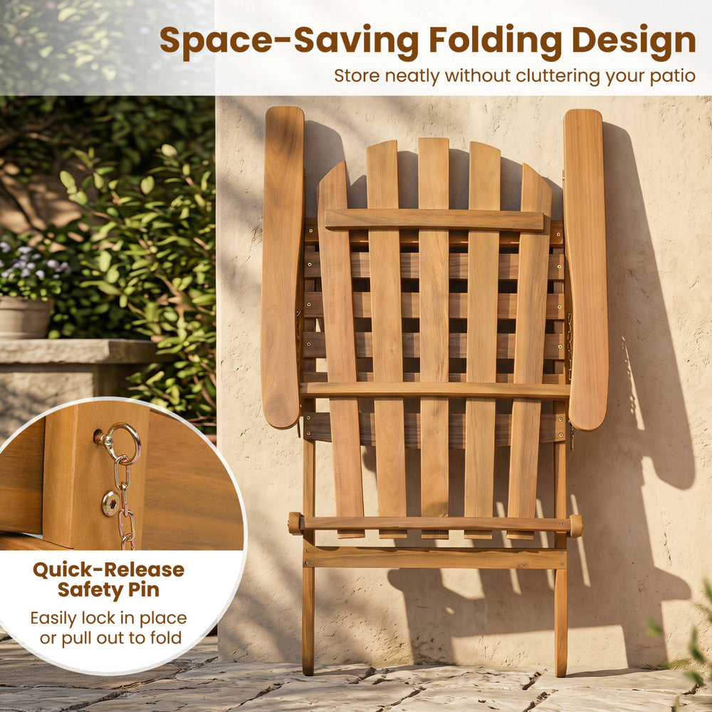 Folding acacia wood oversized Adirondack chair features a space-saving design with a quick-release safety pin for easy storage.