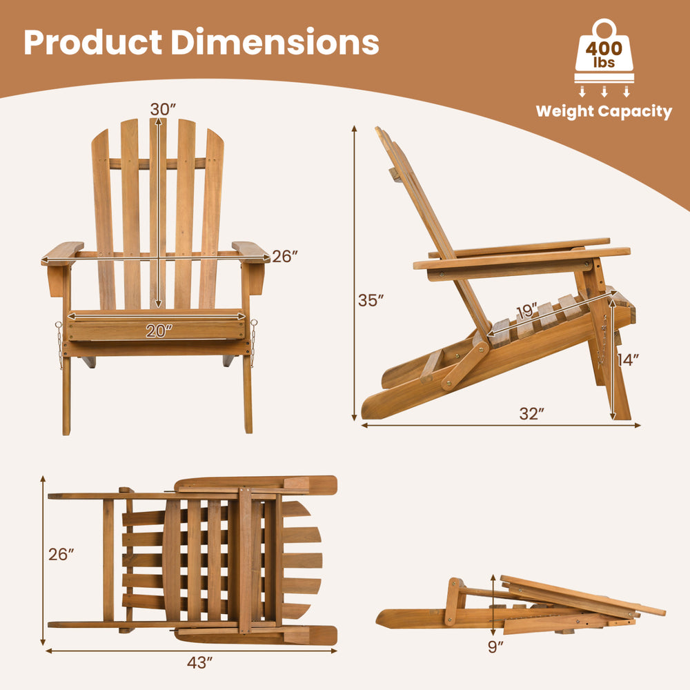 Detailed dimensions of the Folding Acacia Wood Oversized Adirondack Chair showcasing its sturdy design and compact folding feature.