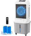 Evaporative air cooler with 7-gallon water tank, remote control, and two ice packs for enhanced cooling efficiency.
