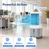 Evaporative air cooler with 600 CFM airflow, 7-gallon water tank, and 60° oscillation for efficient cooling in large spaces.