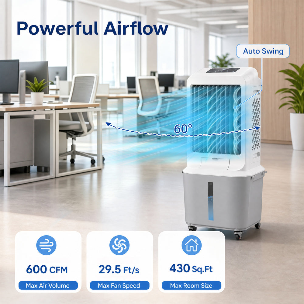 Evaporative air cooler with 600 CFM airflow, 7-gallon water tank, and 60° oscillation for efficient cooling in large spaces.