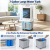 Evaporative air cooler with a 7-gallon water tank, featuring 600 CFM airflow and 2 ice packs for enhanced cooling.