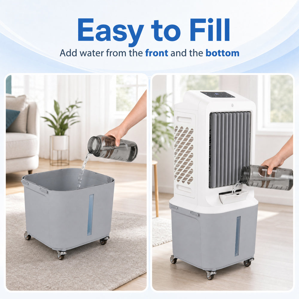 Evaporative air cooler with a 7-gallon water tank, easy to fill from the front and bottom for convenient use.