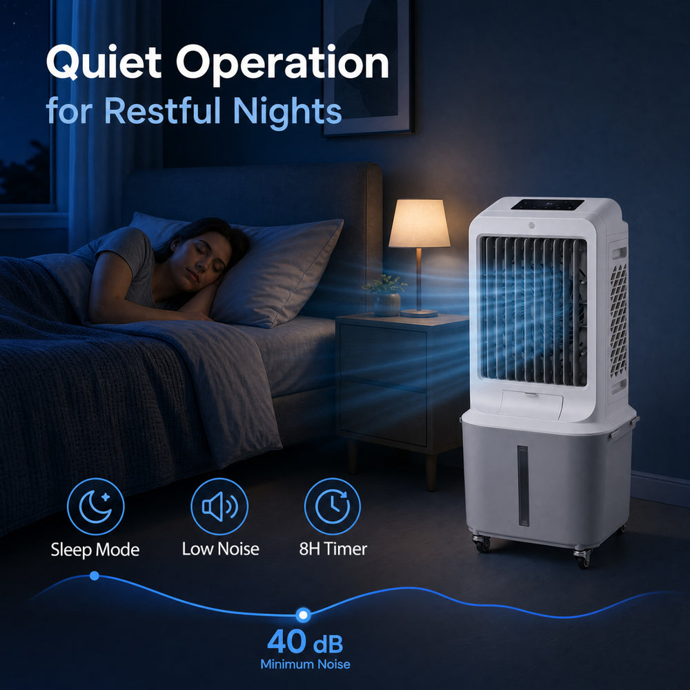 Evaporative air cooler with a 7-gallon water tank, featuring quiet operation and sleep mode for restful nights.