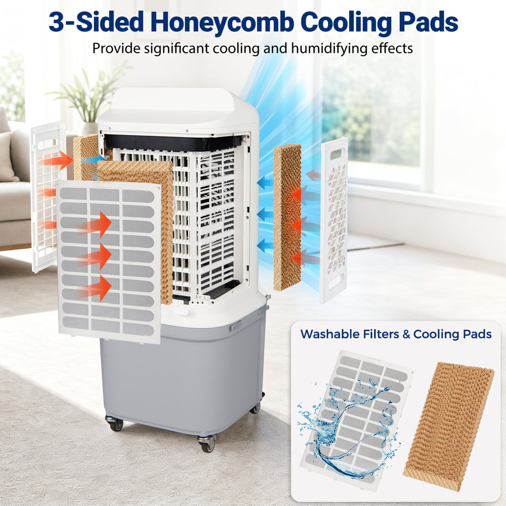 3-sided honeycomb cooling pads enhance airflow in the evaporative air cooler with a 7-gallon water tank for efficient cooling.