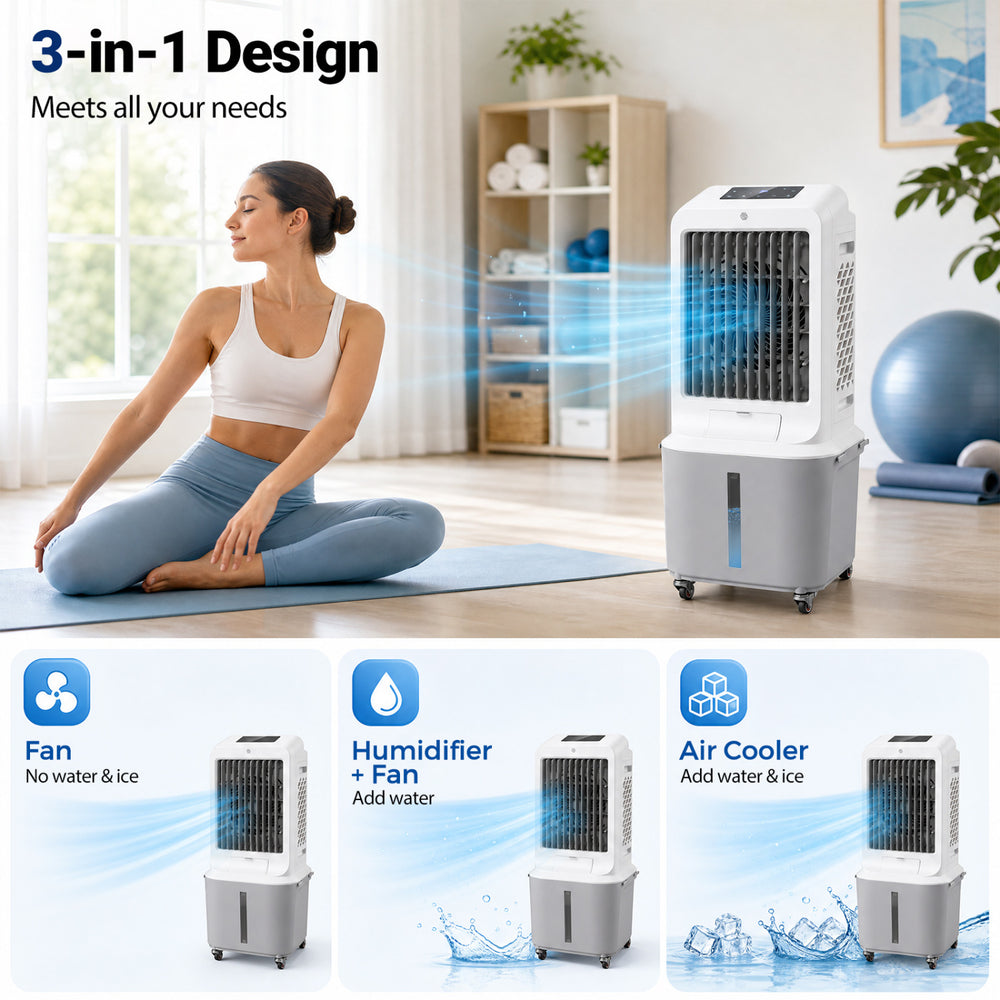 Evaporative air cooler with a 7-gallon water tank, featuring fan, humidifier, and air cooler functions for versatile use.