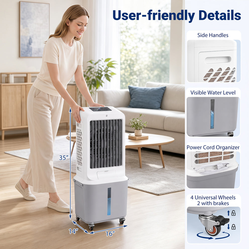 Evaporative air cooler with 7-gallon water tank, featuring 4 wheels for easy mobility and 60° oscillation for wide coverage.