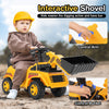Yellow excavator digger toy with adjustable bucket, steering wheel, and supportive backrest for kids' indoor and.