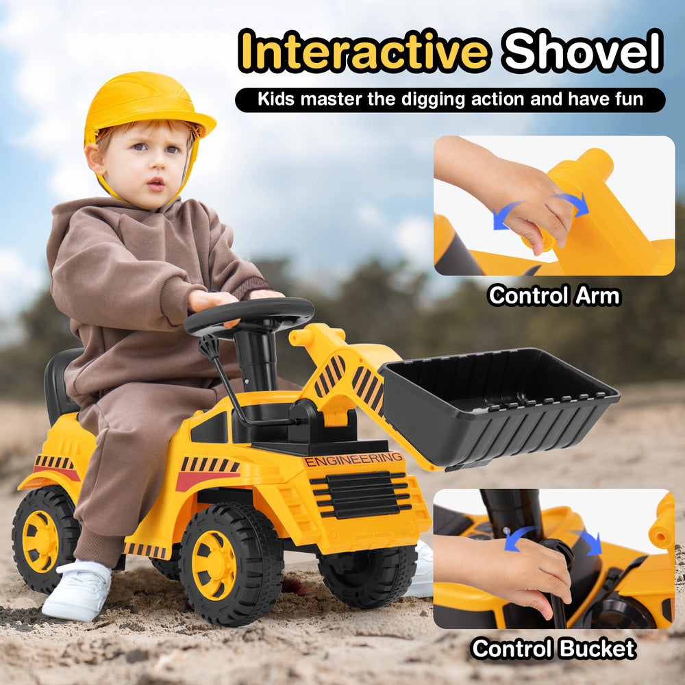 Yellow excavator digger toy with adjustable bucket, steering wheel, and supportive backrest for kids' indoor and.