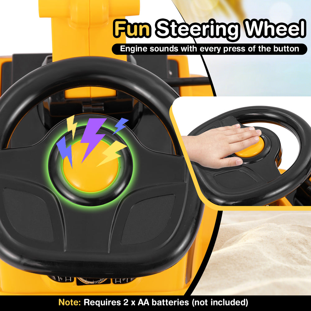 Fun steering wheel of the yellow excavator digger toy, featuring engine sounds and a kid-friendly design for.