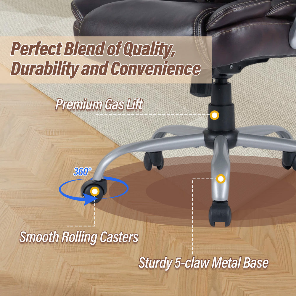 Brown ergonomic executive office chair with padded seat, adjustable backrest, and smooth rolling casters for versatile.