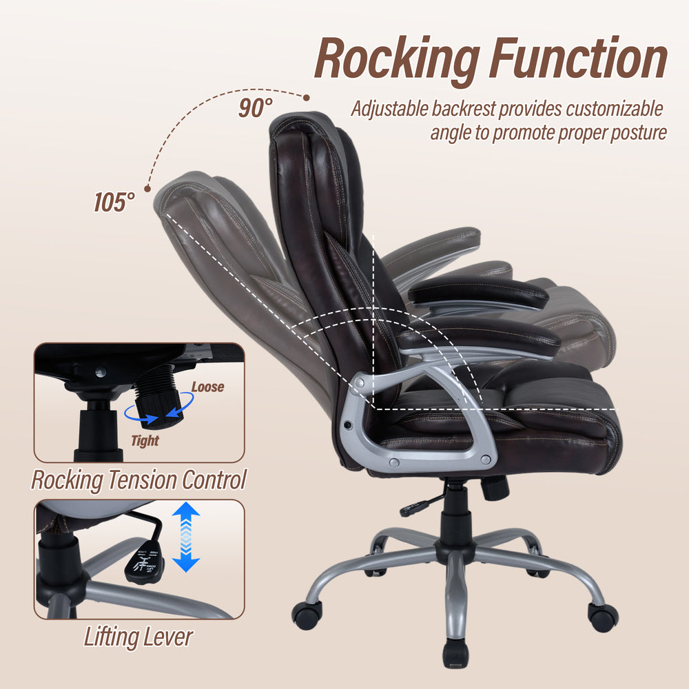 Ergonomic brown leather office chair with adjustable backrest and padded armrests for optimal comfort and support.