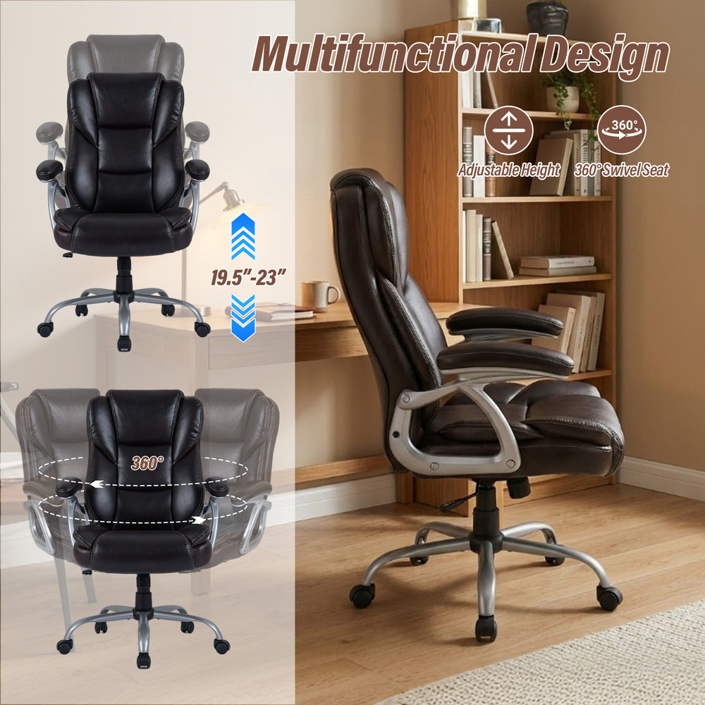 Brown ergonomic executive office chair with padded seat, adjustable height, and 360° swivel for versatile use.