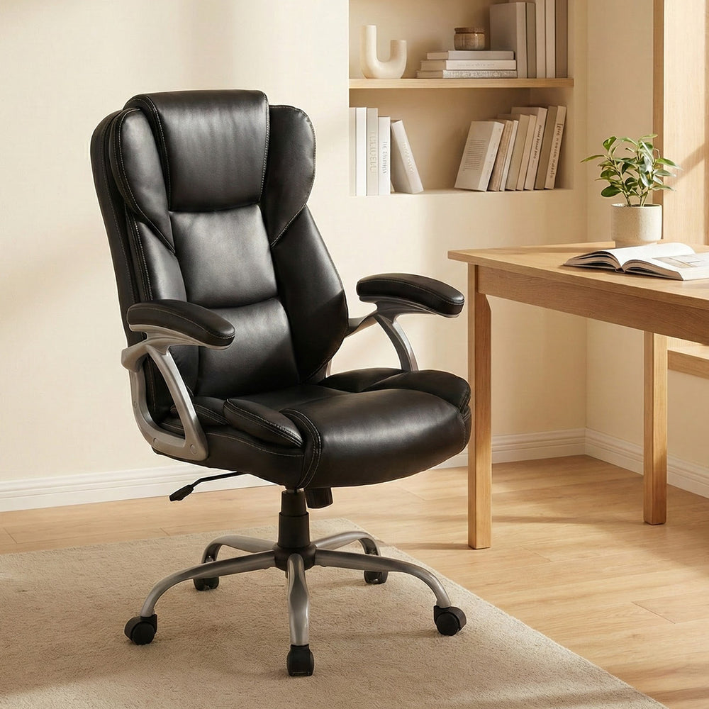 Executive Office Chair Leather Ergonomic Computer Desk Chair with Padded Seat and Armrests-Black - Gallery View 1 of 10
